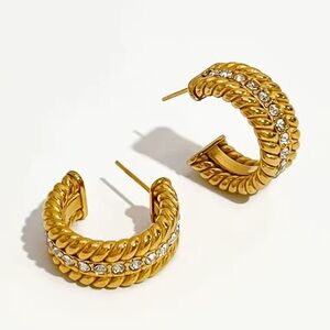 Gold Twisted Rope Hoop Earrings with Clear Crystal Band